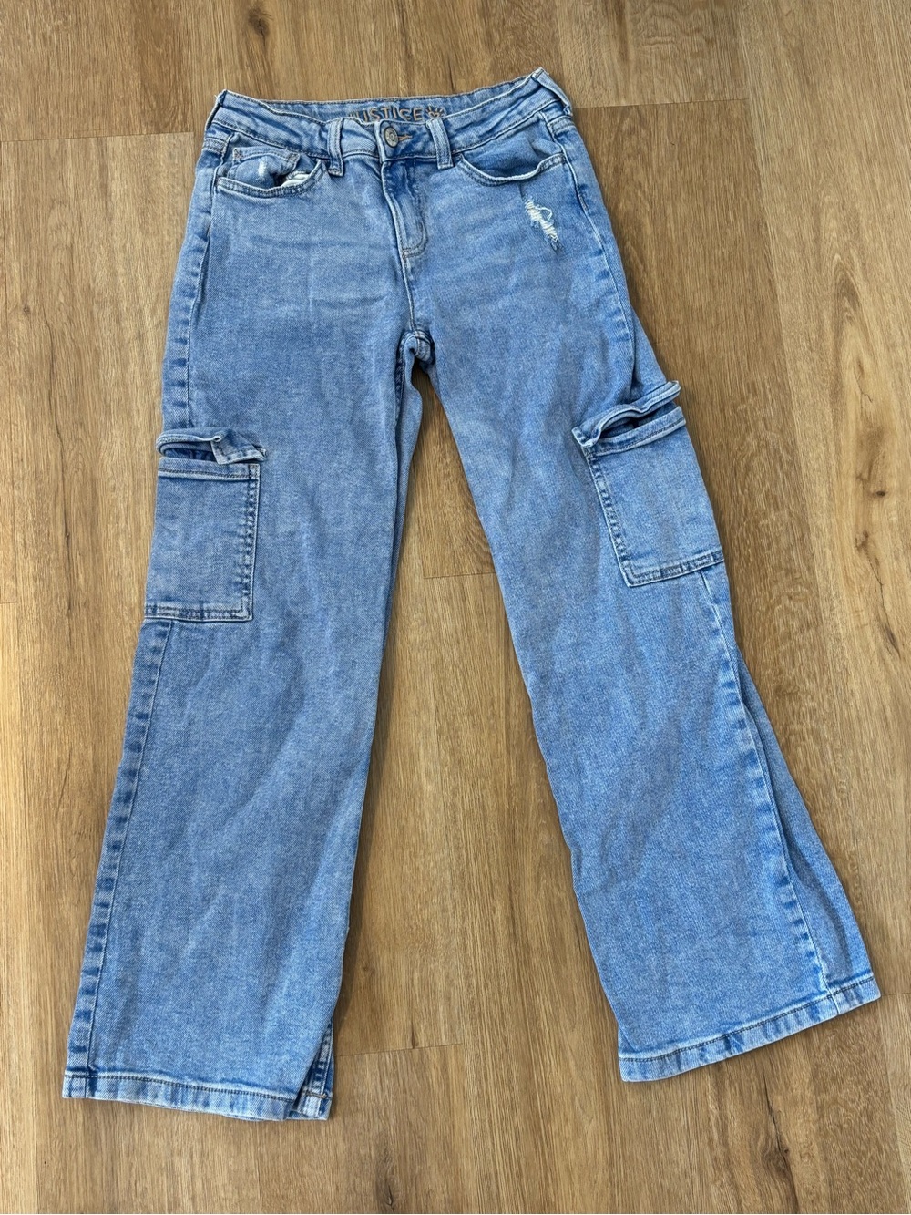 Justice Girls Wide Leg Cargo Jeans Size 14 Light Wash Y2K Style